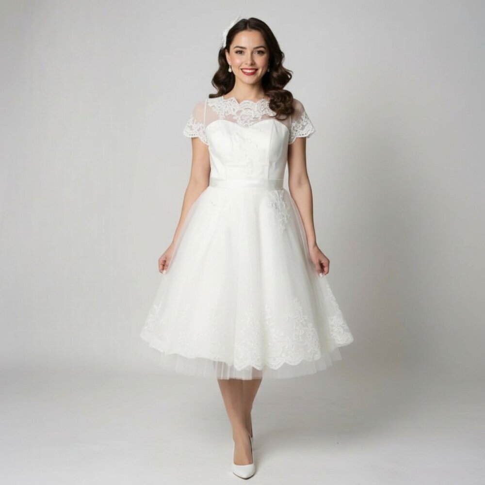Unique Vintage 1950's White Lace Short Sleeve Fit Flare Wedding Dress Sz XS #3